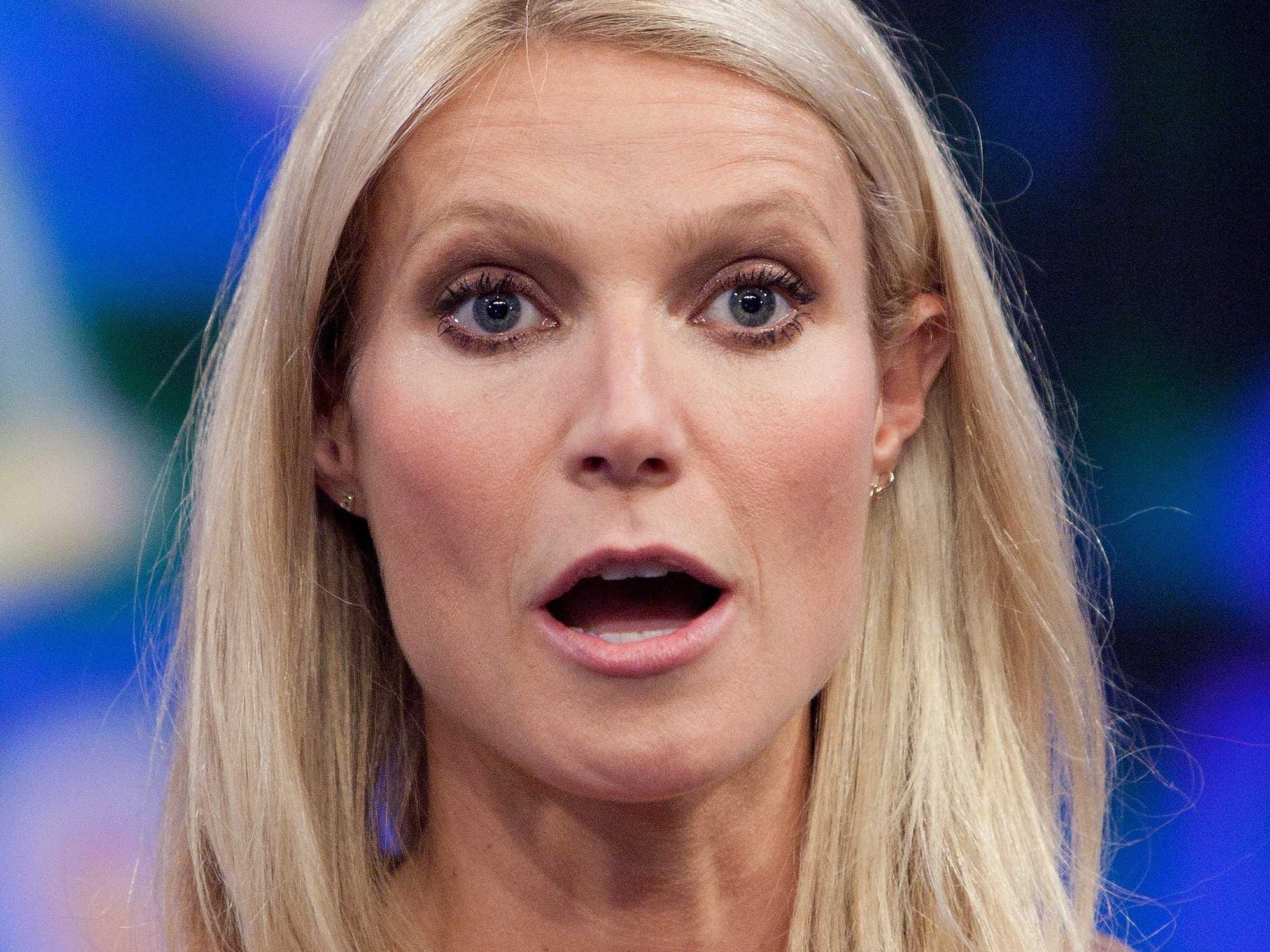 A close headshot of actress Gwyneth Paltrow making a surprised/shocked face